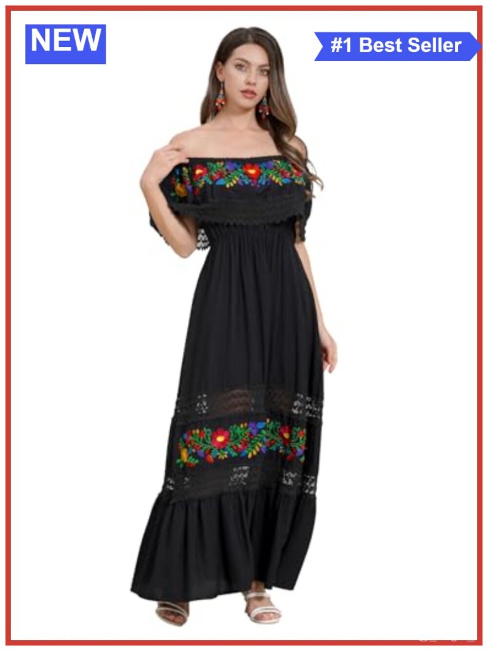 Mexican Embroidered Off Shoulder Maxi Dress Sleeveless Ruffle Summer